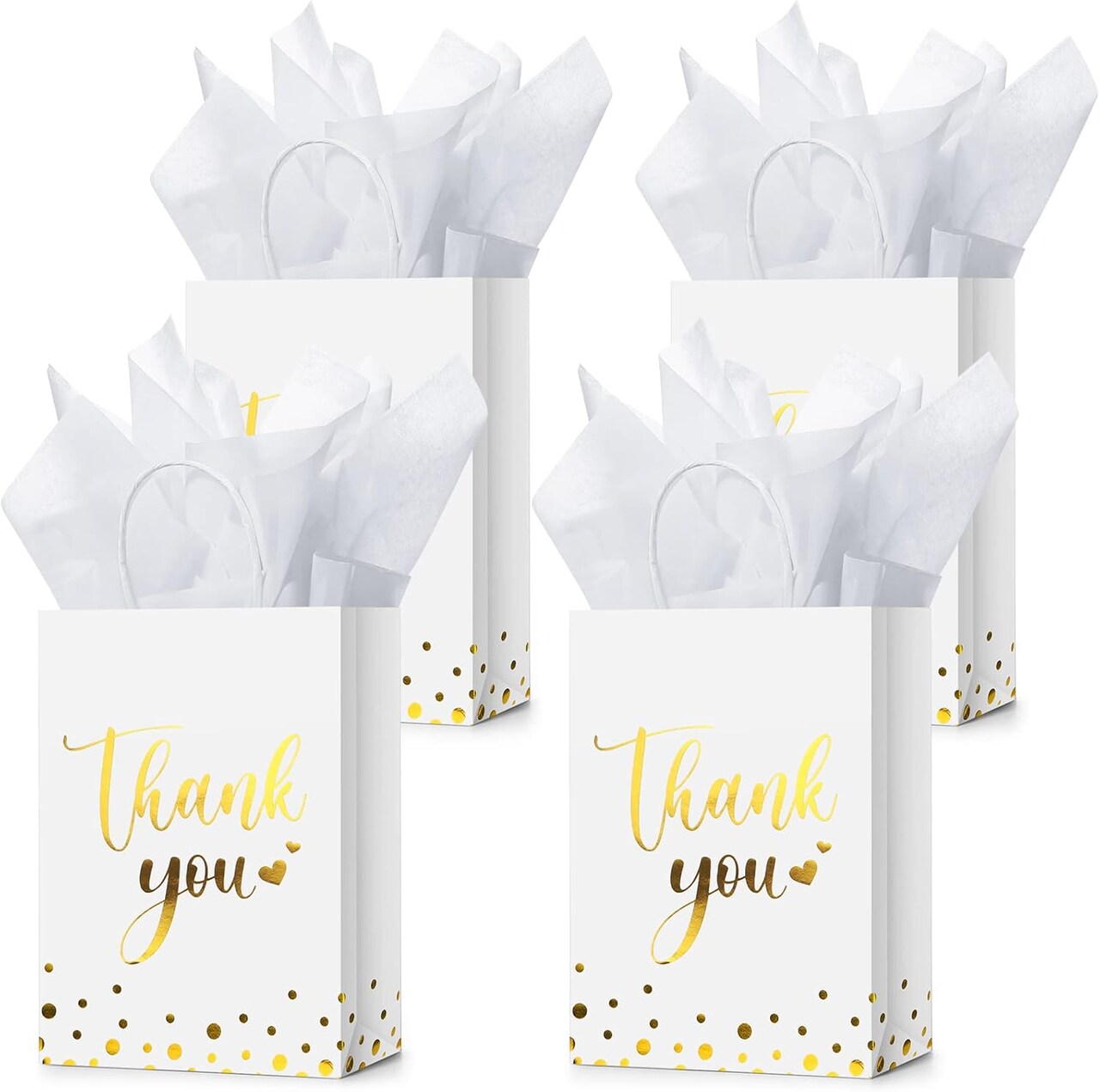 12 Pcs Thank You Gift Bags with Tissue Paper Gold Polka Dots Thank You Bags with Handle Party Favor Bags (White)